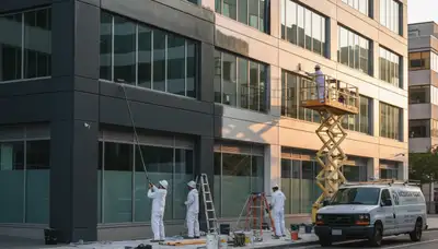 Professional commercial painters at work on office exterior in Louisville, KY