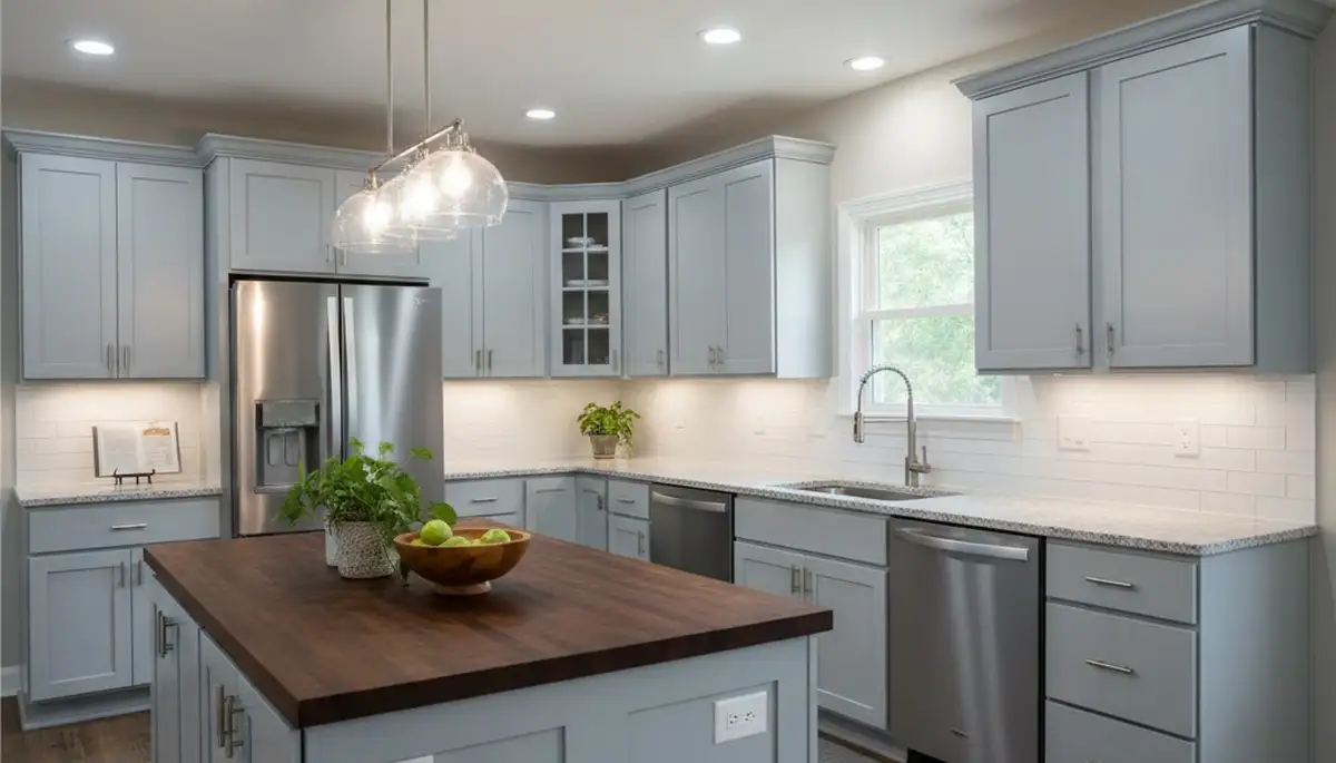 Finished cabinet refinishing in Louisville, KY kitchen with smooth, modern paint finish by local painters