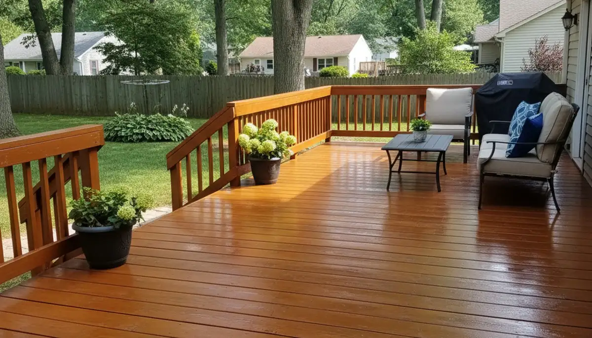 Finished deck staining after pressure cleaning in Louisville KY showing rich wood color and weather protection