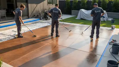 Professional concrete staining on Louisville KY garage floor by local house painting experts