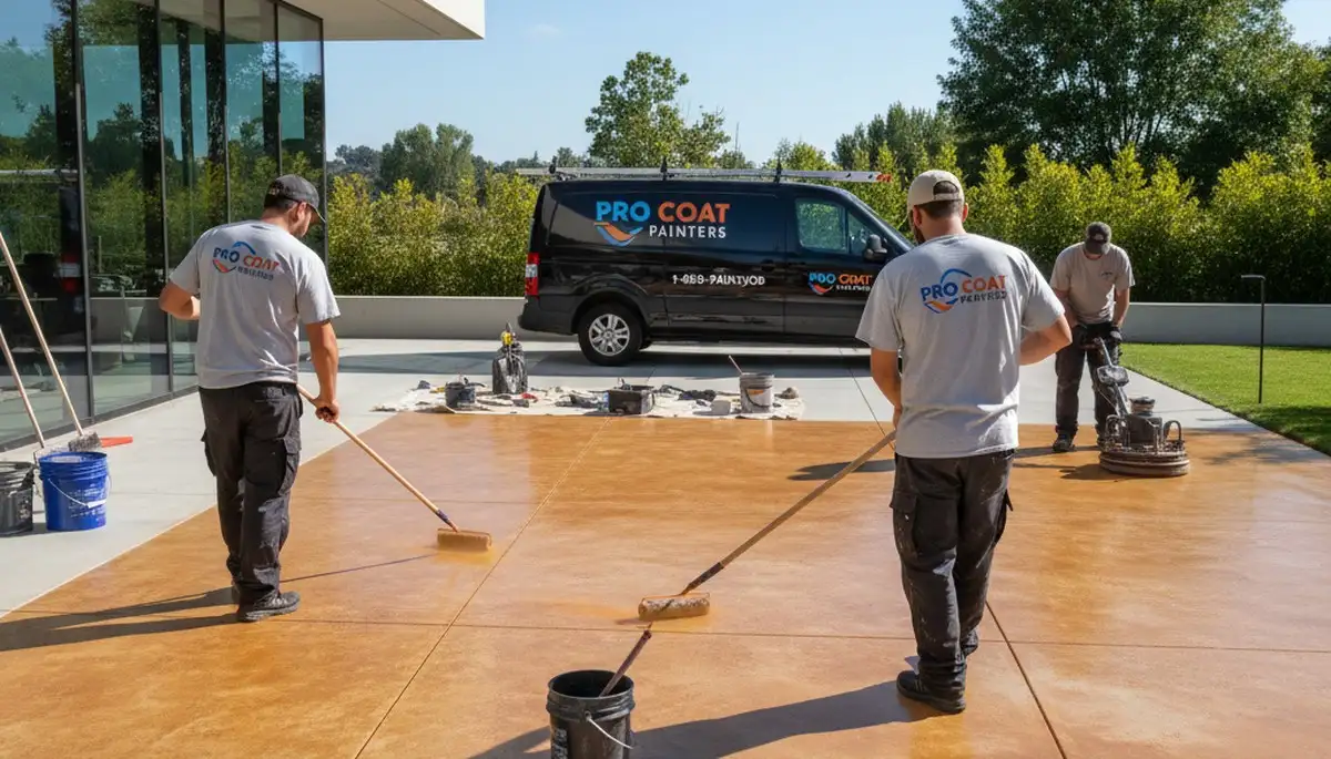 Professional concrete staining on residential garage floor in Louisville, KY for durable, glossy finish