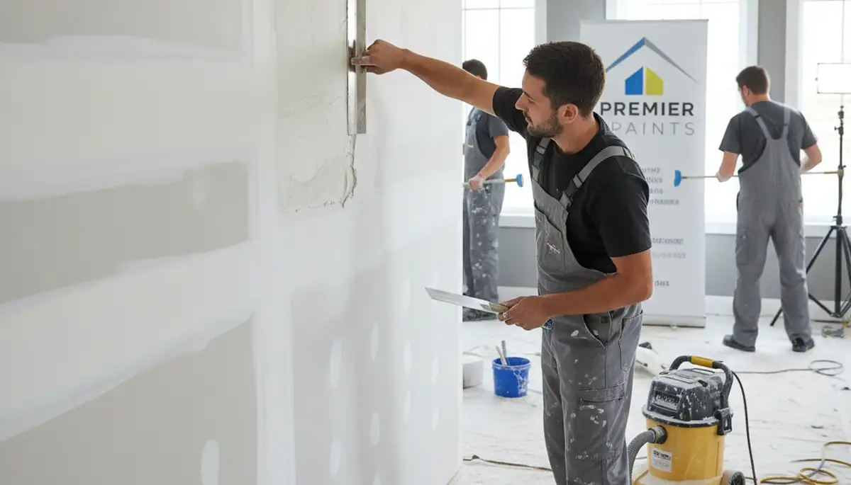 Drywall repair experts fixing wall cracks and holes in a Louisville, KY home for smooth paint finish