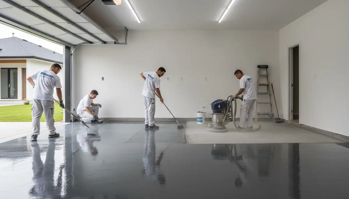 Epoxy floor coating in Louisville KY garage with durable, glossy finish by local house painters