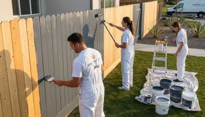 Professional fence painters restoring wooden fence in Louisville, KY with weather-resistant paint