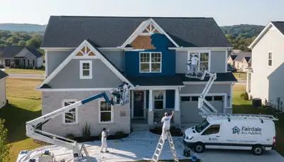 Professional house painters in Louisville KY applying exterior paint to a residential home façade