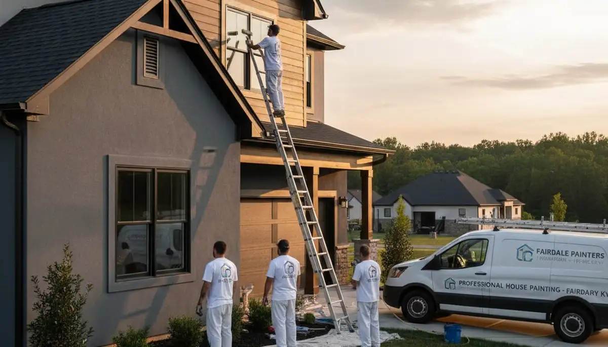 Professional house painters in Louisville KY applying exterior paint to a residential home façade