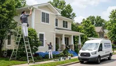 Professional house painters in Louisville KY applying exterior paint to a residential home façade