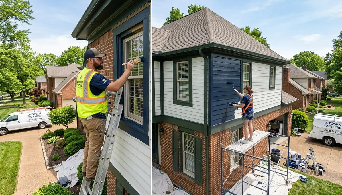 Professional house painters finishing exterior home project in Louisville KY