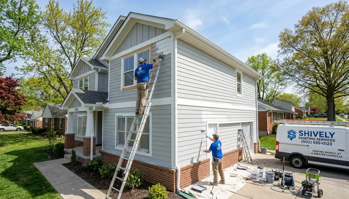 Professional house painters finishing exterior home painting project in Louisville, KY