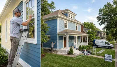 Professional house painters in Louisville KY applying exterior paint to a residential home