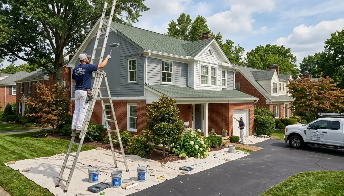 Professional house painters in Louisville KY applying exterior paint to a residential home façade