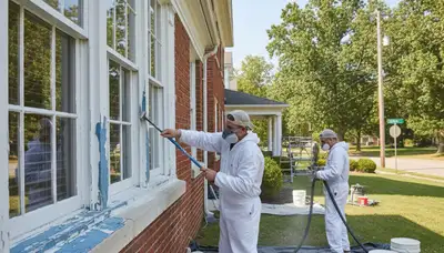 Painter sanding exterior siding for surface preparation in Louisville KY before weather-resistant painting