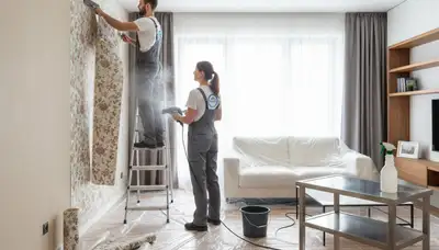 Professional wallpaper removal by house painters in Louisville, KY preparing walls for fresh paint