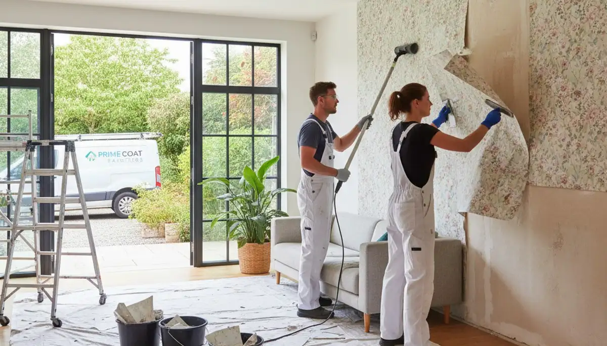 Professional painters removing old wallpaper in a Louisville KY home before interior painting